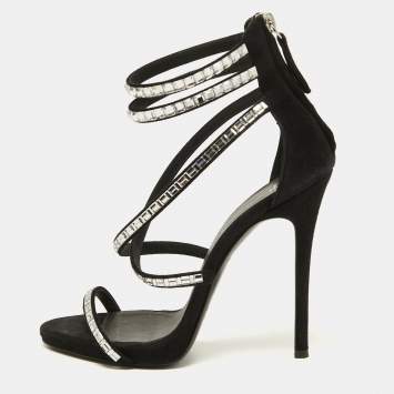 Pre Owned Giuseppe Zanotti Black Suede Crystal Embellished Ankle Strap Sandals Size 36