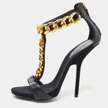 مملوكة مسبقًا Giuseppe Zanotti Black Leather and Suede Chain T Strap Sandals Size 39