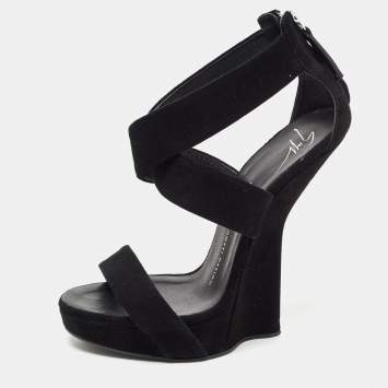 مملوكة مسبقًا Giuseppe Zanotti Black Suede Ankle Wrap Wedge Sandals Size 37.5