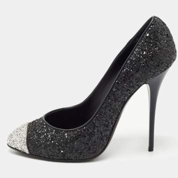 Pre Owned Giuseppe Zanotti Black/Silver Coarse Glitter Cap Toe Pumps Size 39