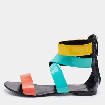 Pre Owned Giuseppe Zanotti Multicolor Patent Leather Flat Gladiator Sandals Size 38.5