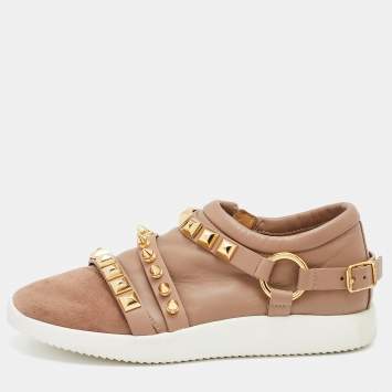 Pre Owned Giuseppe Zanotti Beige Suede Stud Embellished Slip On Sneakers Size 37