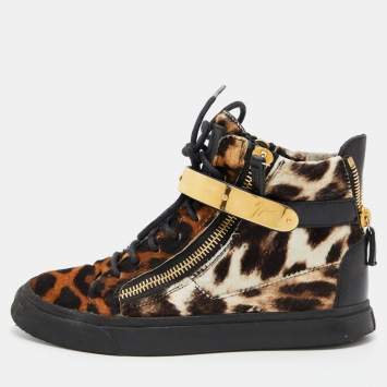 Pre Owned Giuseppe Zanotti Brown/Black Leopard Print Calfhair Lace Up High Top Sneakers 37