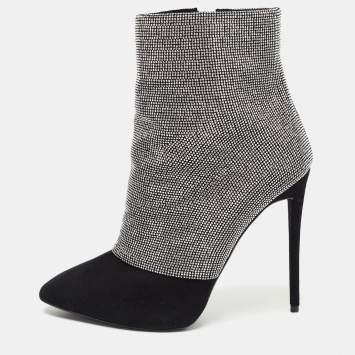 Pre Owned Giuseppe Zanotti Black/Silver Suede Studded Olinda Ankle Boots Size 37