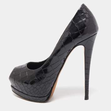 Pre Owned Giuseppe Zanotti Black Patent Croc Embossed Sharon Platform Peep Toe Pumps Size 37.5