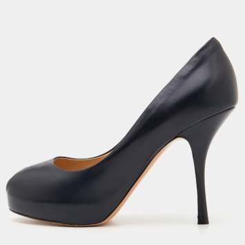 Pre Owned Giuseppe Zanotti Dark Blue Leather Peep Toe Pumps Size 40