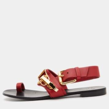 Pre Owned Giuseppe Zanotti Red Leather Toe Ring Buckle Slingback Flat Sandals Size 37
