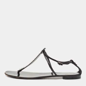 Pre Owned Giuseppe Zanotti Silver/Black Leather and Crystal Ankle Strap Flats Size 40