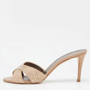 Pre Owned Giuseppe Zanotti Beige Suede Crystal Embellished Slide Sandals Size 40.5