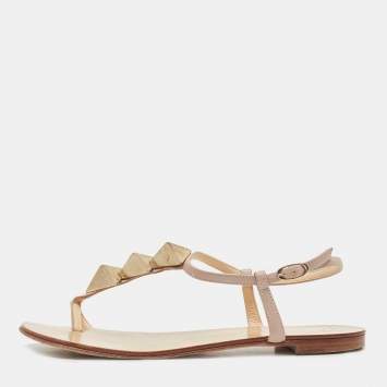Pre Owned Giuseppe Zanotti Dusty Pink Leather Studded T-Strap Toe Ring Flat Sandals Size 39