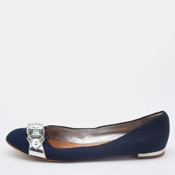 Pre Owned Giuseppe Zanotti Navy Blue Canvas Crystals Embellishment Ballet Flats Size 40.5