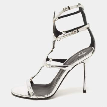 Pre Owned Giuseppe Zanotti Metallic Silver Leather Strappy Sandals Size 37.5