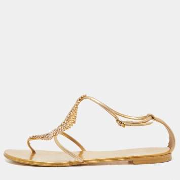Pre Owned Giuseppe Zanotti Gold Leather Josie Thong Flat Sandals Size 38