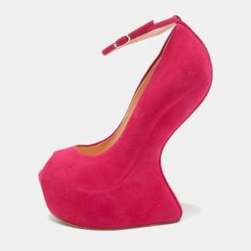 Pre Owned Giuseppe Zanotti Pink Suede Peep Toe Platform Heel Less Ankle Strap Pumps Size 39.5 