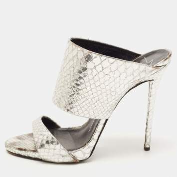 Pre Owned Giuseppe Zanotti Silver Python Embossed Leather Andrea Sandals Size 38.5