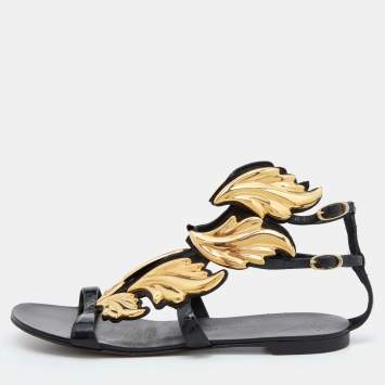 Pre Owned Giuseppe Zanotti Black/Gold Patent Leather Cruel Ankle Strap Flats Size 37