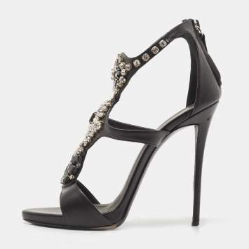 مملوكة مسبقًا Giuseppe Zanotti Black Leather Crystal Embellished Strappy Sandals Size 39