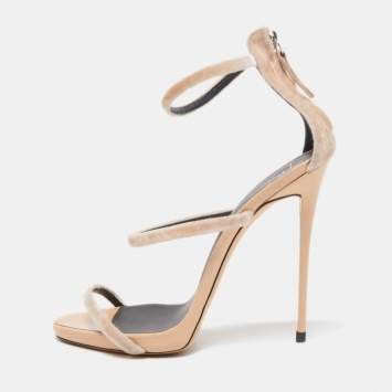 Pre Owned Giuseppe Zanotti Beige Velvet Harmony  Ankle Cuff Sandals Size 39.5