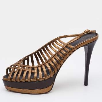 Pre Owned Giuseppe Zanotti Gold/Brown Leather Strappy Platform Sandals Size 39