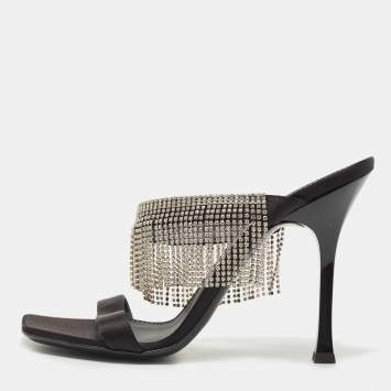 Pre Owned Giuseppe Zanotti Black Satin Crystal Fringe Slide Sandals Size 38.5