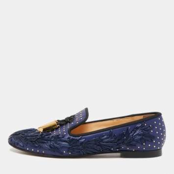 Pre Owned Giuseppe Zanotti Blue Studded Canvas Lucia Shark Tooth Smoking Slippers Size 36