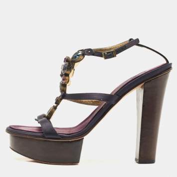 Pre Owned Giuseppe Zanotti Navy Blue Satin Crystal Embellished T-Strap Platform Sandals Size 39