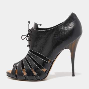 Pre Owned Giuseppe Zanotti Black Leather Oxford Peep Toe Ankle Boots Size 39.5