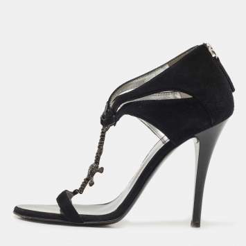 Pre Owned Giuseppe Zanotti Black Suede Crystal Embellished T-Strap Sandals Size 37