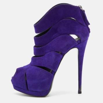 Pre Owned Giuseppe Zanotti Purple Suede Wave Cut Out Peep Toe Platform Booties Size 37.5