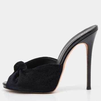 Pre Owned Giuseppe Zanotti Black Knotted Velvet Slide Sandals Size 37