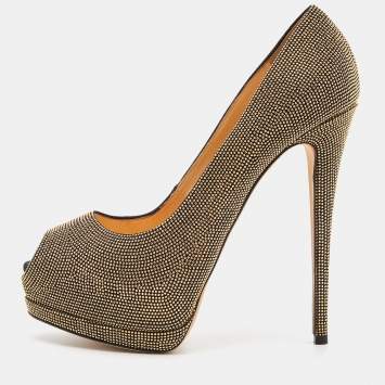 Pre Owned Giuseppe Zanotti Gold Studded Suede Embellished Peep Toe Platform Pumps Size 41