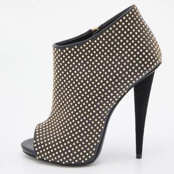 Pre Owned Giuseppe Zanotti Black Studded Leather Peep Toe Ankle Booties Size 37
