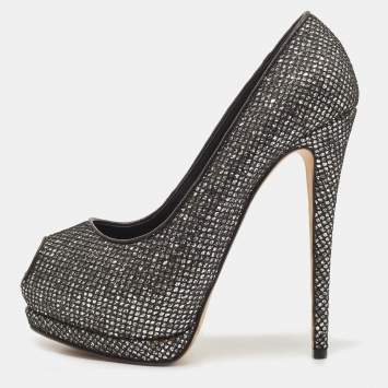 Pre Owned Giuseppe Zanotti Black Glitter and Mesh Platform Peep Toe Pumps Size 39