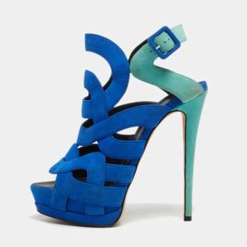 Pre Owned Giuseppe Zanotti Two Tone Suede Cutout Caged Slingback Platform Sandals Size 38.5