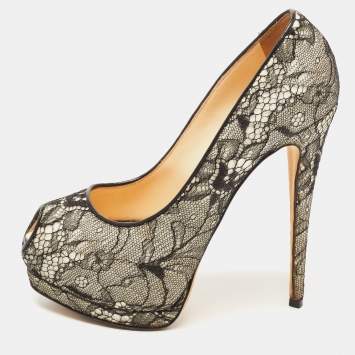 Pre Owned Giuseppe Zanotti Black/White Lace and Glitter Peep Toe Platform Pumps Size 38