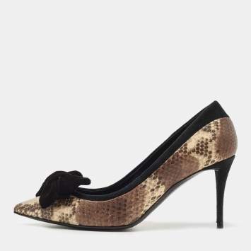 Pre Owned Giuseppe Zanotti Brown/Black Suede and Python Embossed Bow Pointed Toe Pumps Size 39