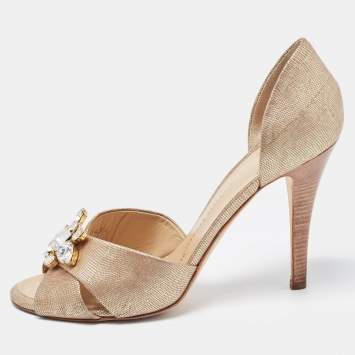 مملوكة مسبقًا Giuseppe Zanotti Gold Textured Leather Crystal Embellished Open Toe D'orsay Pumps Size 37.5