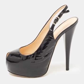 Pre Owned Giuseppe Zanotti Black Patent Leather Peep Toe Platform Slingback Pumps Size 36 
