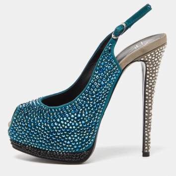 Pre Owned Giuseppe Zanotti Tri Color Suede Crystal Embellished Peep Toe Platform Slingback Sandals Size 37.5