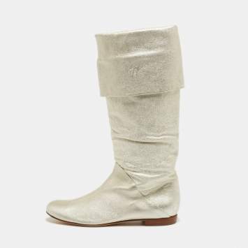 Pre Owned Giuseppe Zanotti Metallic White Foil Leather Knee Length Boots Size 41