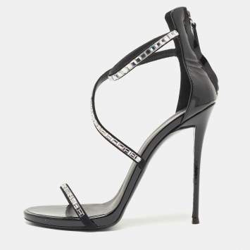 Pre Owned Giuseppe Zannoti Black Patent Leather and Suede Callipe Crystal Embellished Strappy Sandals Size 40