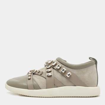 Pre Owned Giuseppe Zanotti Grey Suede Leather Crystal Embellihsed Low Top Sneakers Size 39