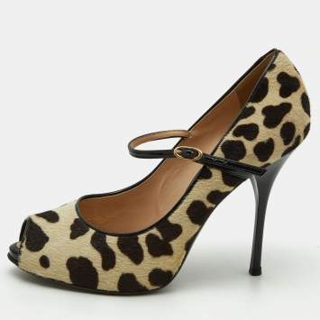 Pre Owned Giuseppe Zanotti Beige/Brown Leopard Print Calfhair and Patent Leather Peep Toe Pumps Size 37.5