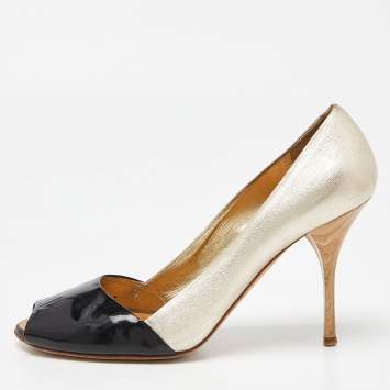 Pre Owned Giuseppe Zanotti Gold/Black Leather and Patent Open Toe Pumps Size 39.5