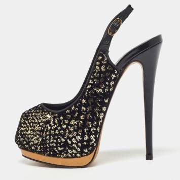 Pre Owned Guiseppe Zannotti Black/Gold Sequins and Velvet Peep Toe Slingback Platform Sandals Size 37