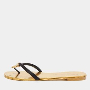 Pre Owned Giuseppe Zanotti Black Satin Jewel Embellished Thong Flat Sandals Size 38