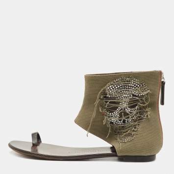 Pre Owned Giuseppe Zanotti Green Canvas Skull Crystal Embellished Toe Ring Zipper Flats Size 36