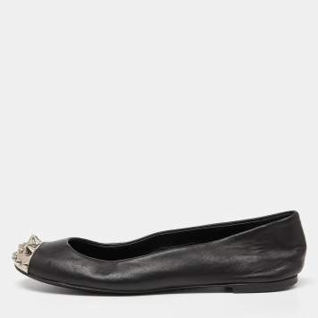 Pre Owned Giuseppe Zanotti Black Leather Malika Spiked Cap Toe Ballet Flats Size 36.5