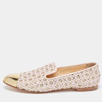 Pre Owned Giuseppe Zanotti Pink/Gold Coarse Glitter and Lace Smoking Slippers Size 40