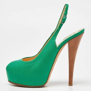 Pre Owned Giuseppe Zanotti Green Lizard Embossed Leather Slingback Sandals Size 39